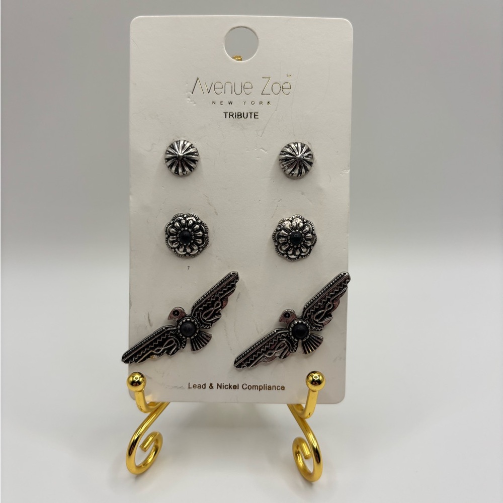 NWT Avenue Zoe NY Western Silver Stud Earring Set Boho